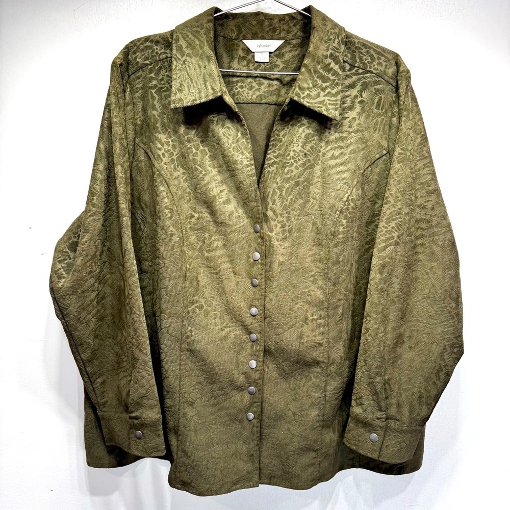 Vintage Army Green Textured Curduroy Shirt Jacket Shacket Snap Front CJ Banks 2X